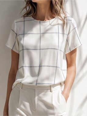 Jacqueline De Yong Classic White Windowpane Short Sleeve Blouse